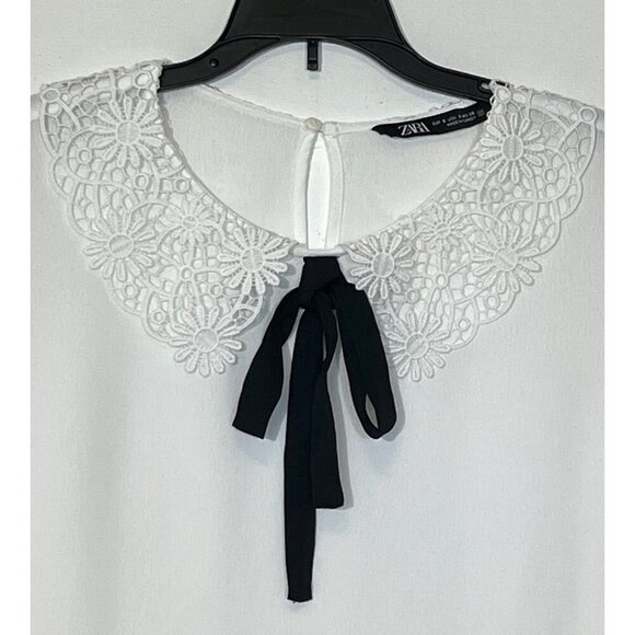 Zara 100% Viscose White Peter Pan Lace Collar Black Tie Blouse Top - Picture 3 of 6